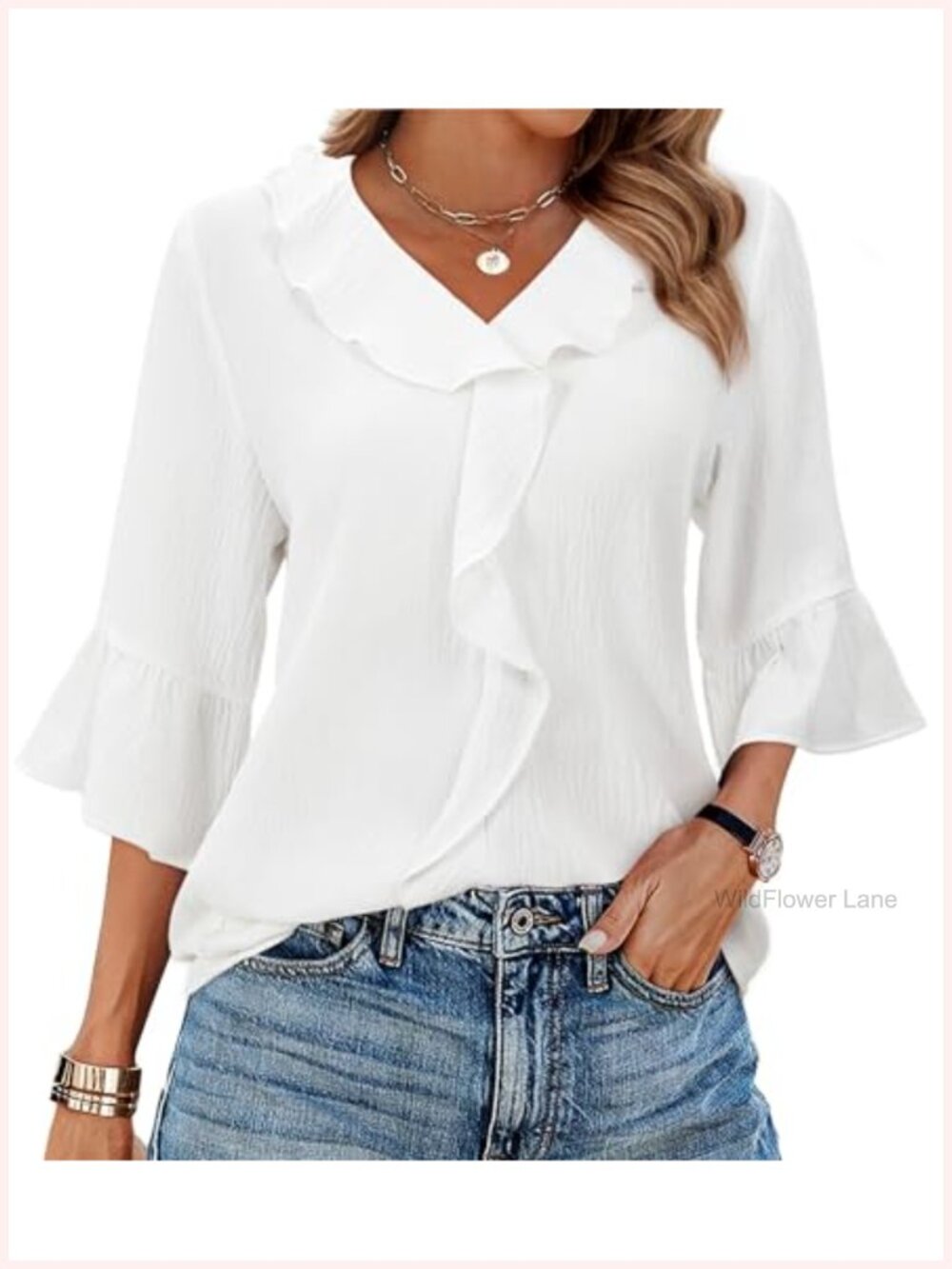 Womens Dressy Casual Ruffle Bell Sleeve V-Neck Blouse Business Work Top
